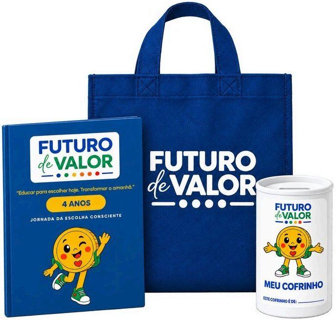 Livro, sacola e cofrinho do Futuro de Valor